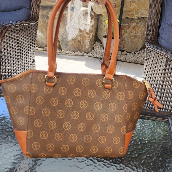 Adrienne Vittadini Brown Satchel with Monogram Pattern